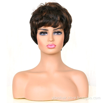 Whosale price short cut pixie wigs Ombre colored synthetic hair wigs with bangs for women